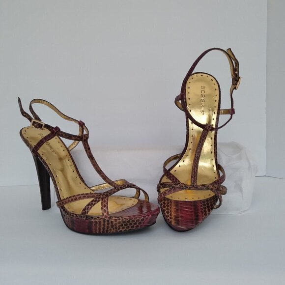 BCBGirls 'Minsy2' Cherrywood Snake Leather  T- Strappy Stiletto Platforms  Size9 - Picture 8 of 8